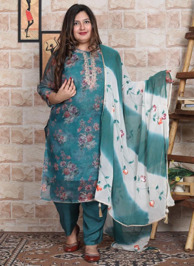 Organza Sky Blue Traditional Wear Digital Printed Readymade Salwar Suit